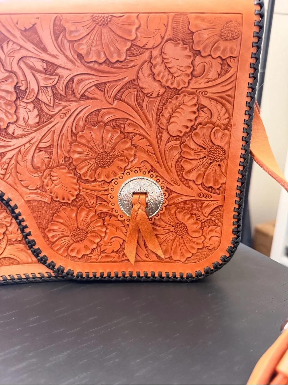 Nic + Maude Hand-Tooled Floral Tan Leather Crossbody Bag with Concho Accent - Picture 3 of 7